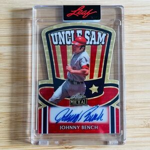 JOHNNY BENCH 205 Leaf Metal Uncle Sam Gold Vinyl Superfractor Auto Autograph 1/1